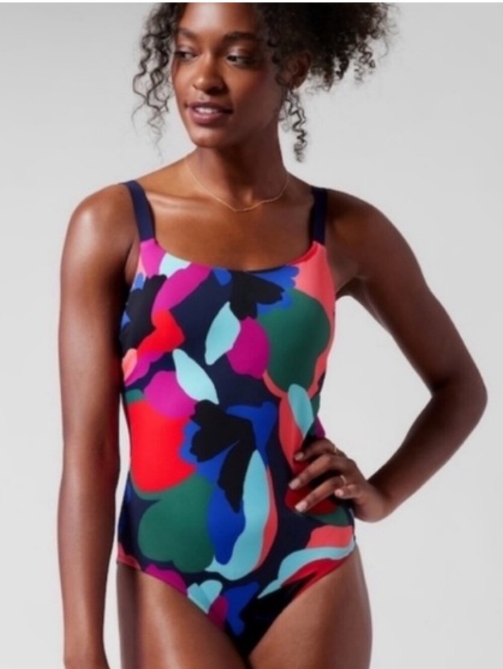 Athleta Vibrant Abstract Floral One-Piece Swimsuit in Navy, Green & Pink